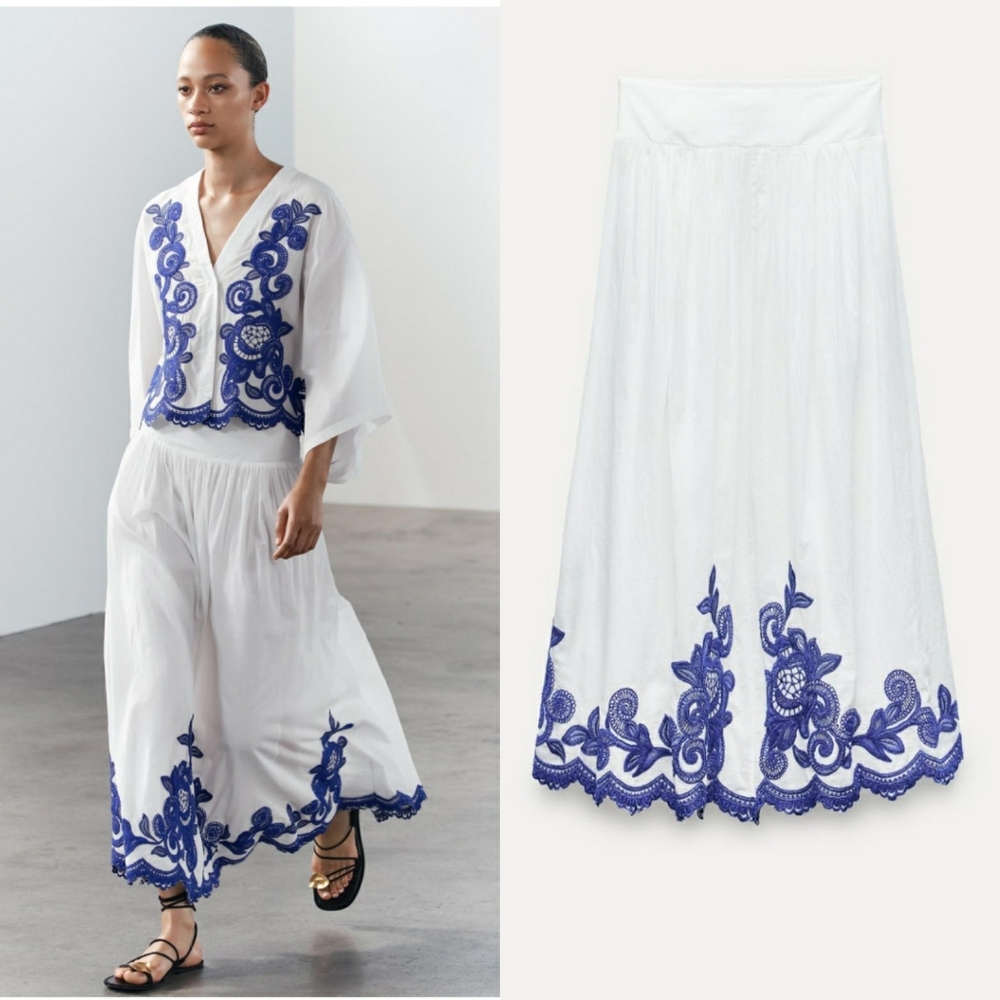 Zara midi embroidered skirt white blue Size S new with tag